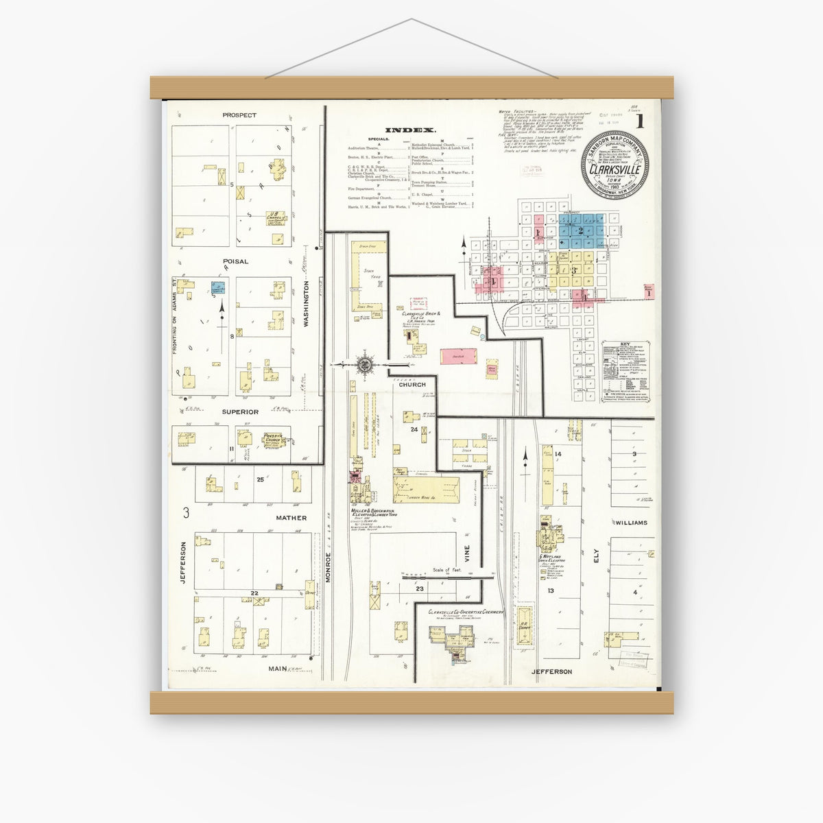 Old map wall art mockup — magnetic wood frame on white wall — Sanborn Fire Insurance Map from Clarksville, Butler County, Iowa (1910) â€” Complete Set
