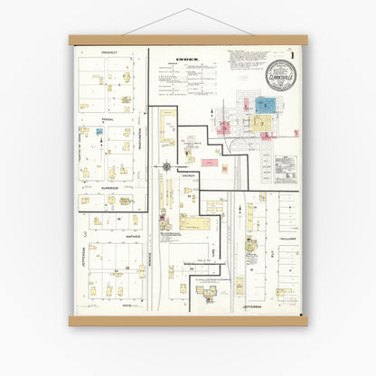 Old map wall art mockup — magnetic wood frame on white wall — Sanborn Fire Insurance Map from Clarksville, Butler County, Iowa (1910) â€” Complete Set