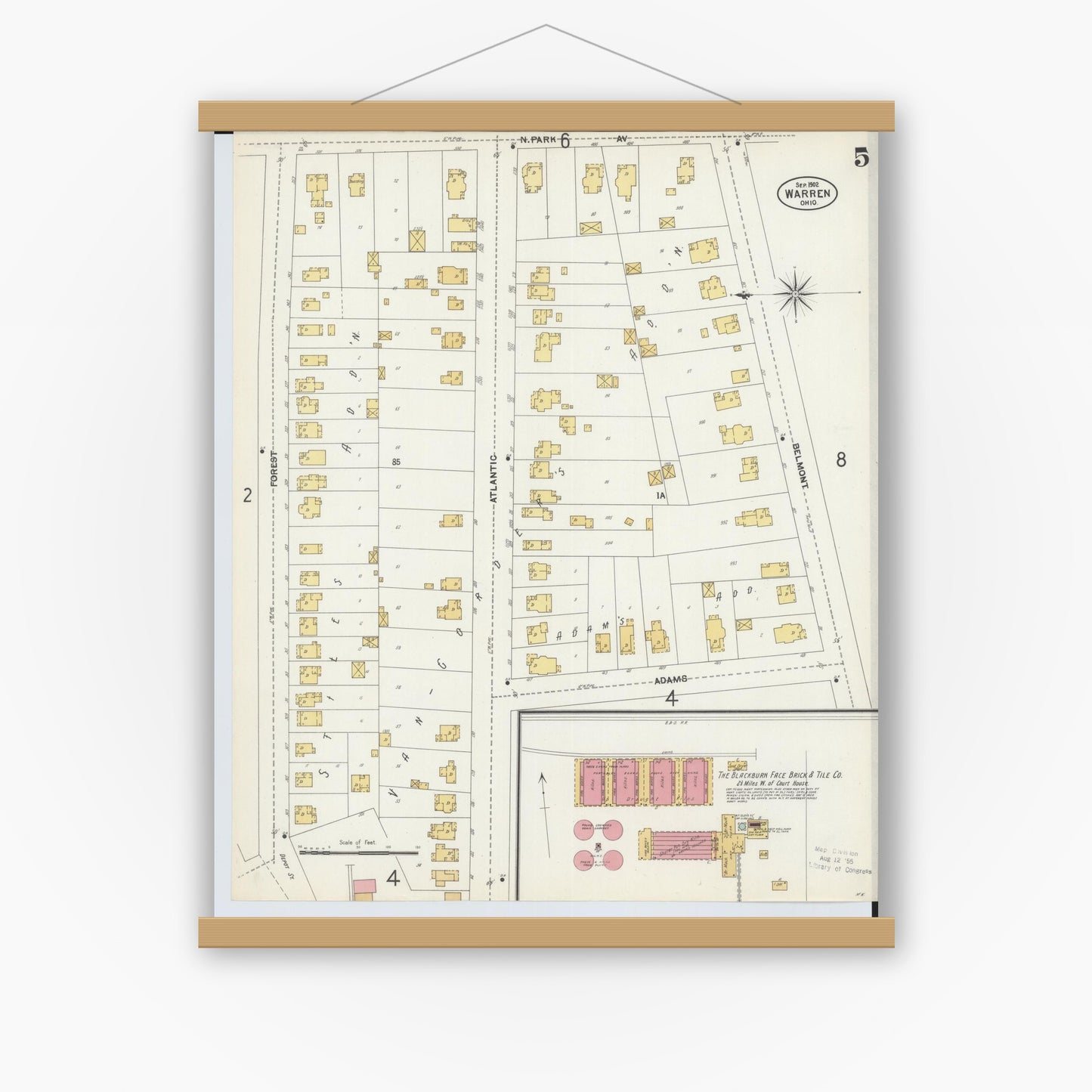 Old map wall art mockup — magnetic wood frame on white wall — Sanborn Fire Insurance Map from Warren, Trumbull County, Ohio (1902), Sheet #0005