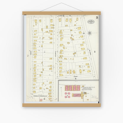Old map wall art mockup — magnetic wood frame on white wall — Sanborn Fire Insurance Map from Warren, Trumbull County, Ohio (1902), Sheet #0005