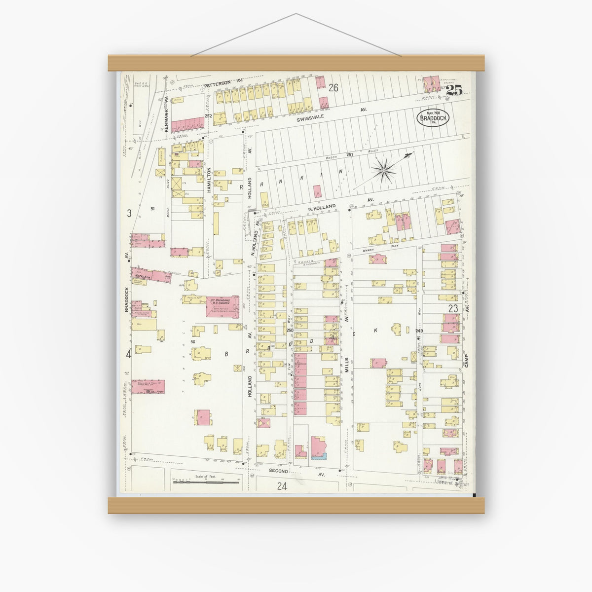 Old map wall art mockup — magnetic wood frame on white wall — Sanborn Fire Insurance Map from Braddock, Allegheny County, Pennsylvania (1908), Sheet #0025