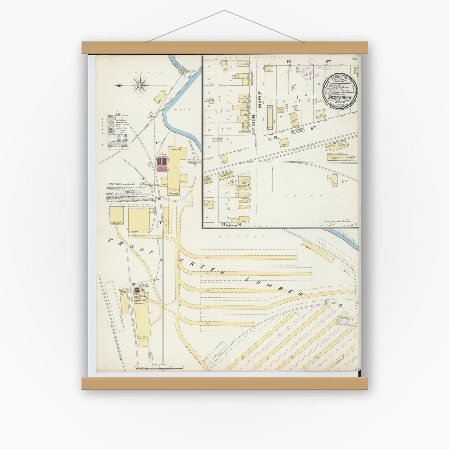 Old map wall art mockup — magnetic wood frame on white wall — Sanborn Fire Insurance Map from Trout Creek, Ontonagon County, Michigan (1893), Sheet #0001