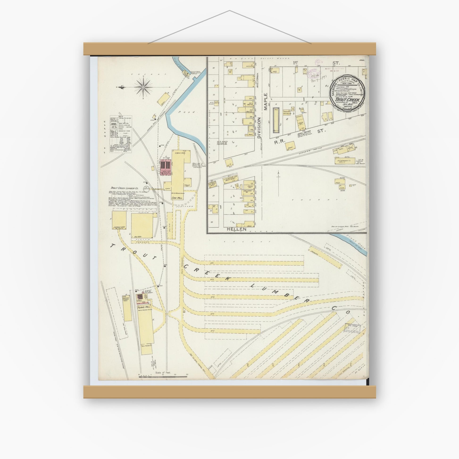 Old map wall art mockup — magnetic wood frame on white wall — Sanborn Fire Insurance Map from Trout Creek, Ontonagon County, Michigan (1893), Sheet #0001