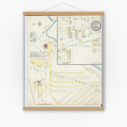 Old map wall art mockup — magnetic wood frame on white wall — Sanborn Fire Insurance Map from Trout Creek, Ontonagon County, Michigan (1893), Sheet #0001