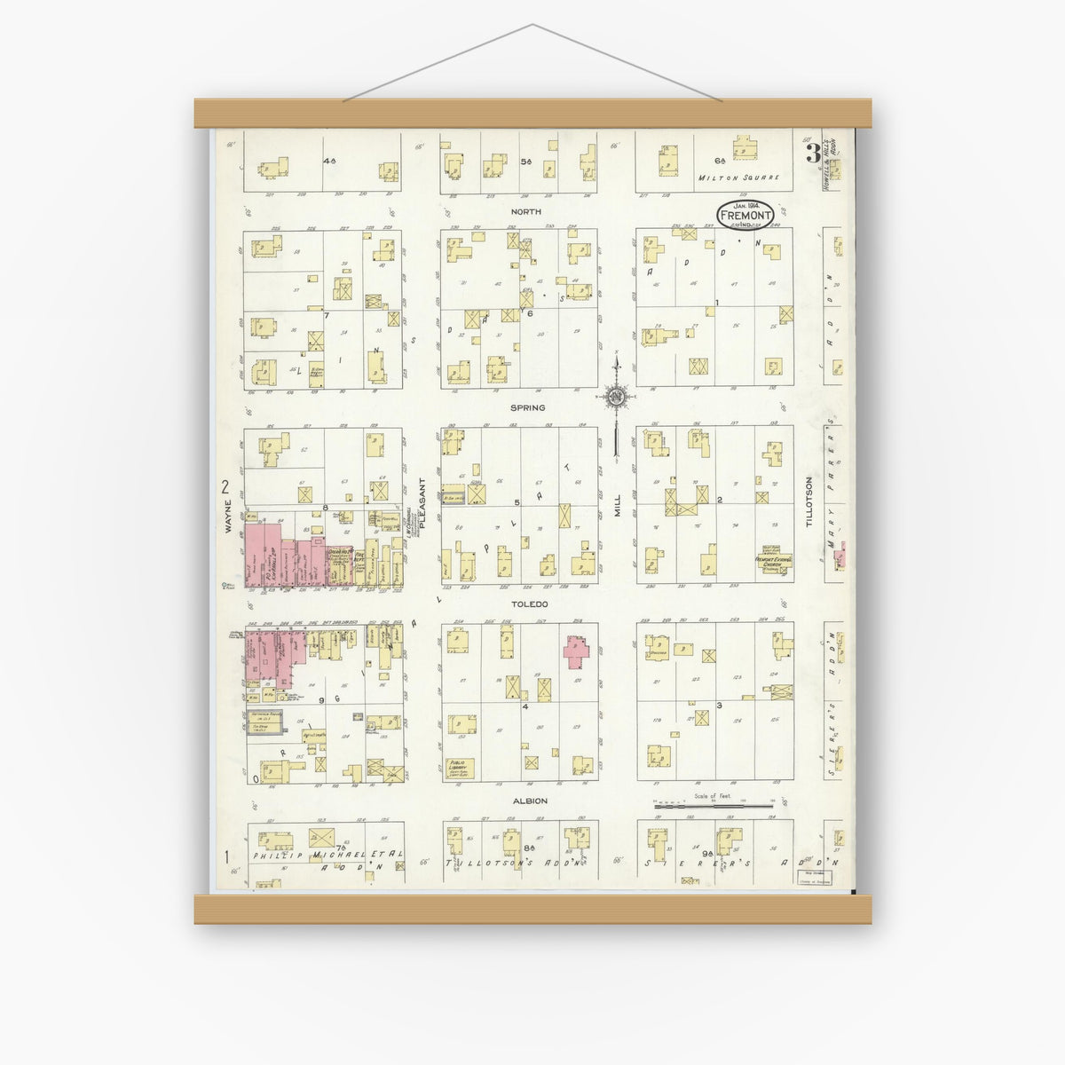 Old map wall art mockup — magnetic wood frame on white wall — Sanborn Fire Insurance Map from Fremont, Steuben County, Indiana (1914), Sheet #0003