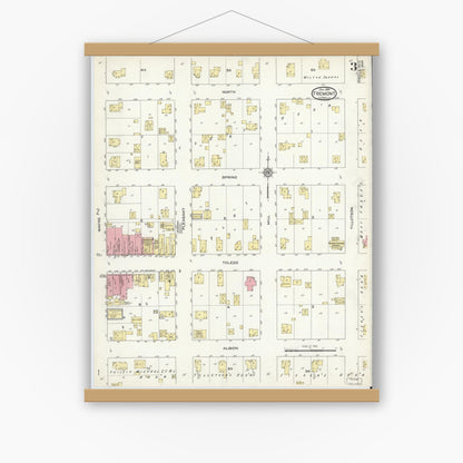 Old map wall art mockup — magnetic wood frame on white wall — Sanborn Fire Insurance Map from Fremont, Steuben County, Indiana (1914), Sheet #0003