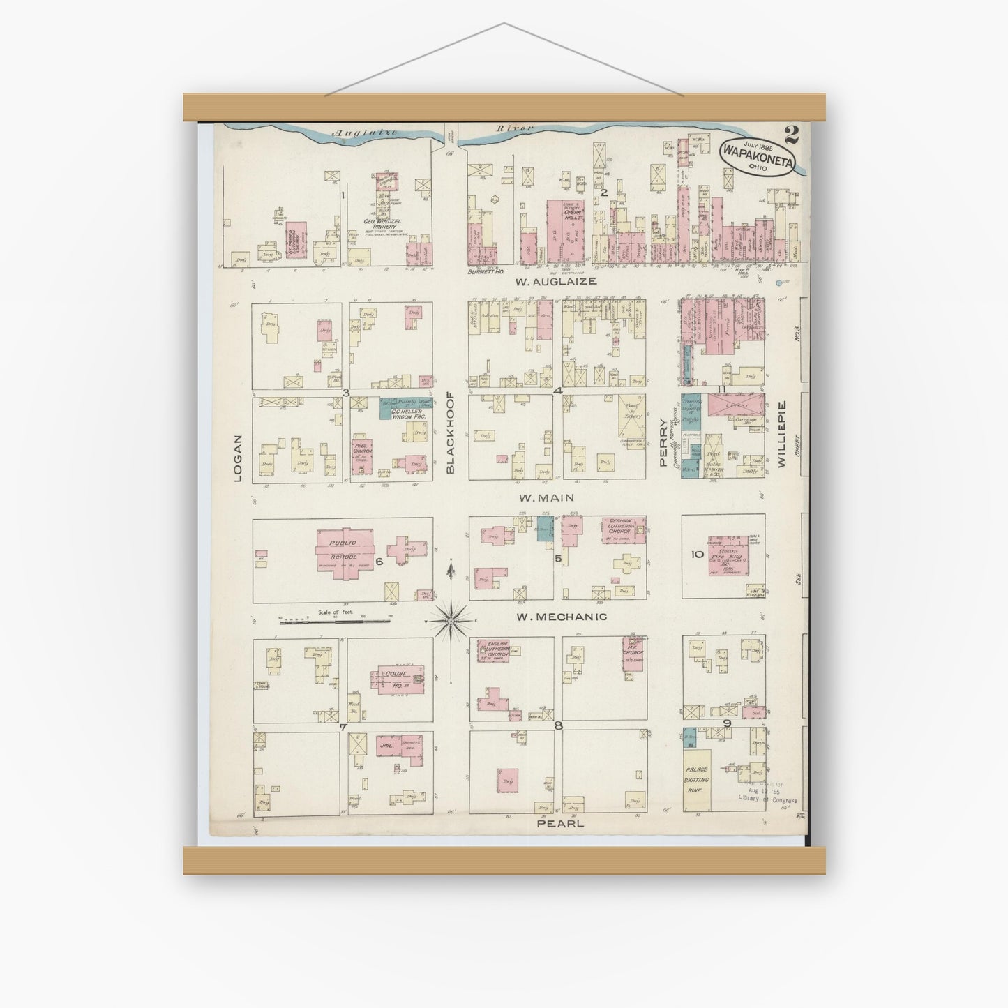 Old map wall art mockup — magnetic wood frame on white wall — Sanborn Fire Insurance Map from Wapakoneta, Auglaize County, Ohio (1885), Sheet #0002