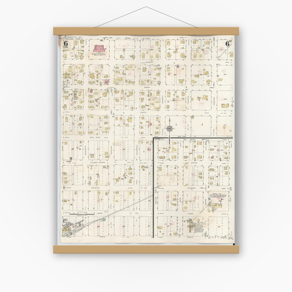 Old map wall art mockup — magnetic wood frame on white wall — Sanborn Fire Insurance Map from Henrietta, Clay County, Texas (1944), Sheet #0006