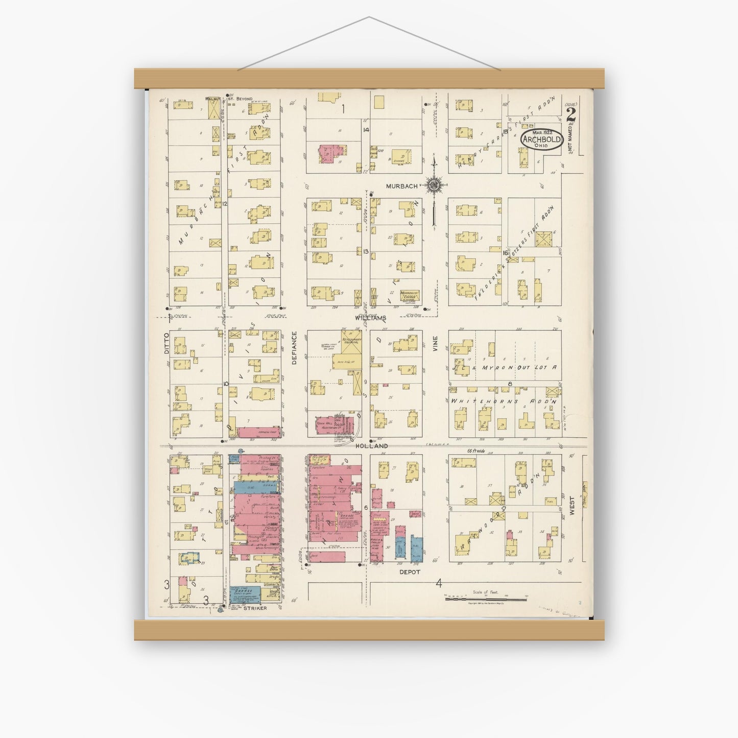 Old map wall art mockup — magnetic wood frame on white wall — Sanborn Fire Insurance Map from Archbold, Fulton County, Ohio (1922), Sheet #0002