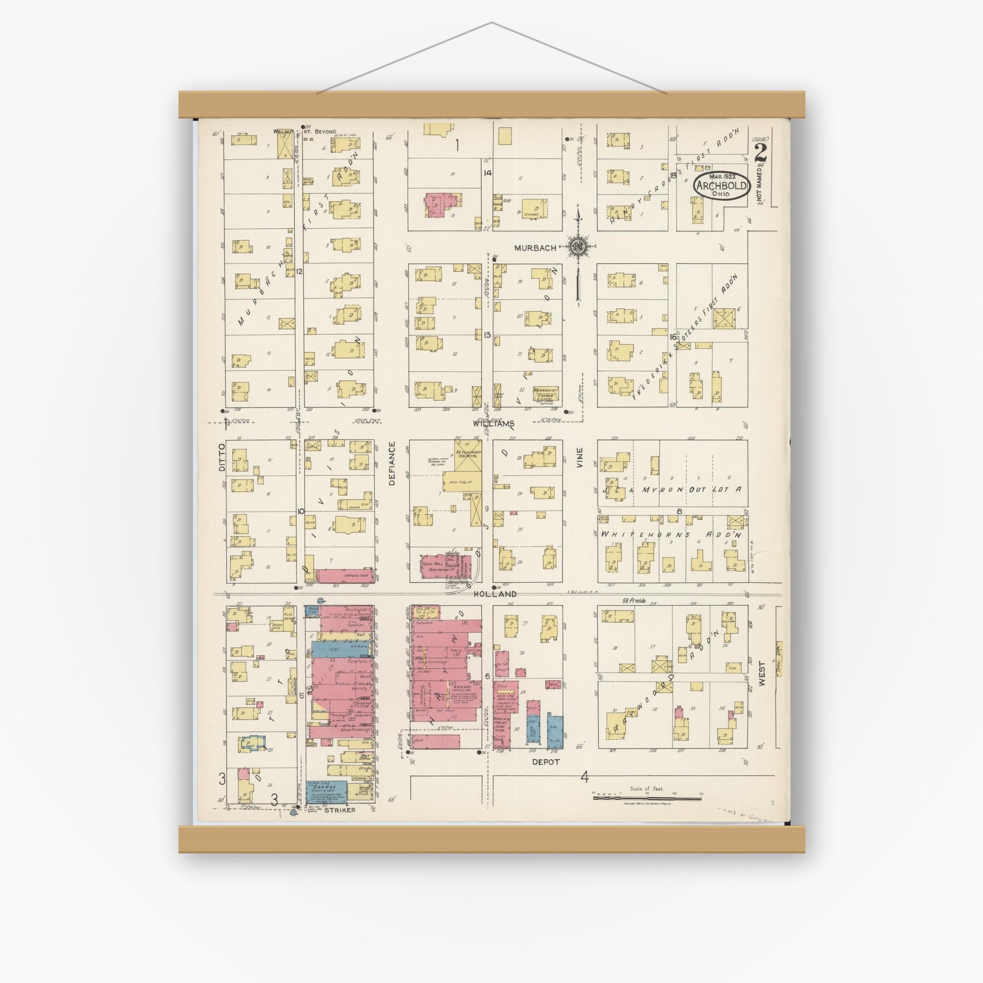 Old map wall art mockup — magnetic wood frame on white wall — Sanborn Fire Insurance Map from Archbold, Fulton County, Ohio (1922), Sheet #0002