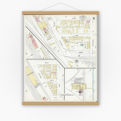 Old map wall art mockup — magnetic wood frame on white wall — Sanborn Fire Insurance Map from Cairo, Alexander County, Illinois (1907), Sheet #0002