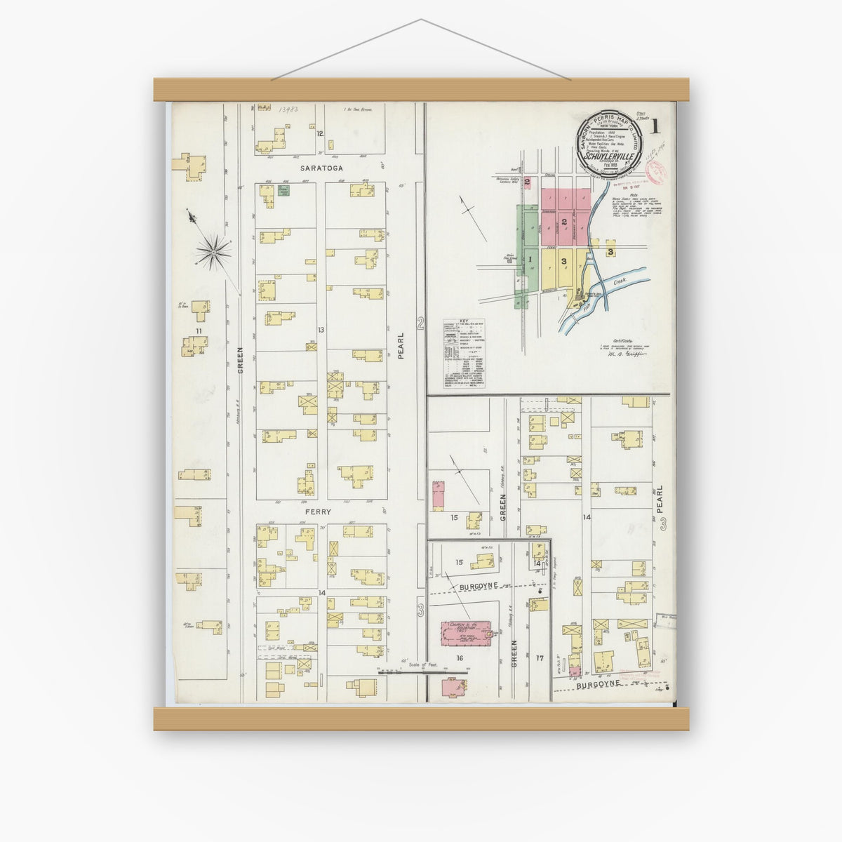 Old map wall art mockup — magnetic wood frame on white wall — Sanborn Fire Insurance Map from Schuylerville, Saratoga County, New York (1895), Sheet #0001