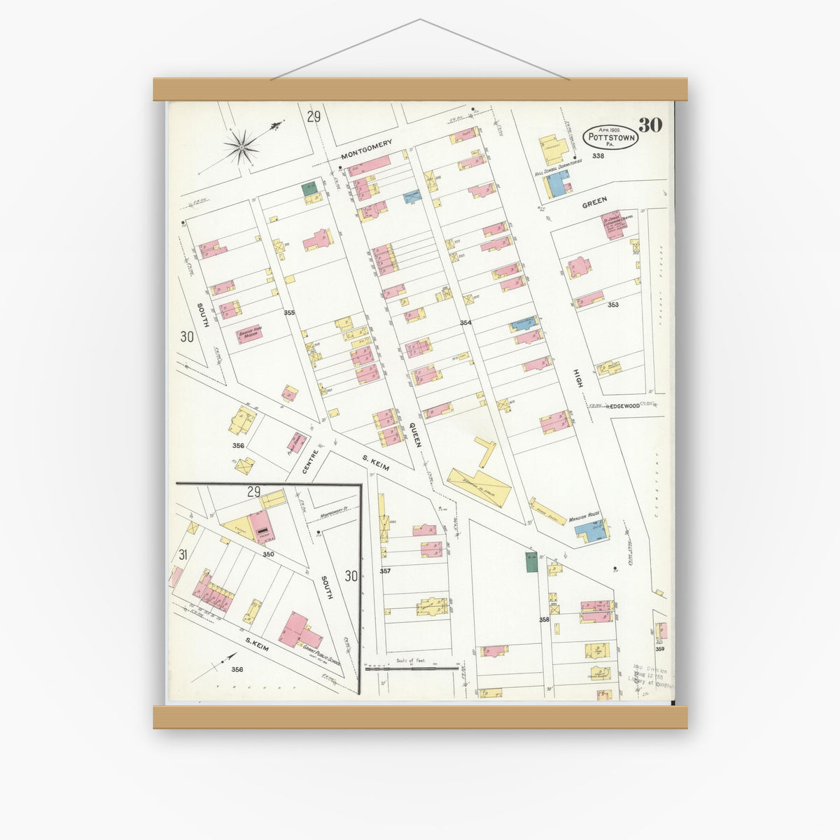 Old map wall art mockup — magnetic wood frame on white wall — Sanborn Fire Insurance Map from Pottstown, Montgomery County, Pennsylvania (1909), Sheet #0030