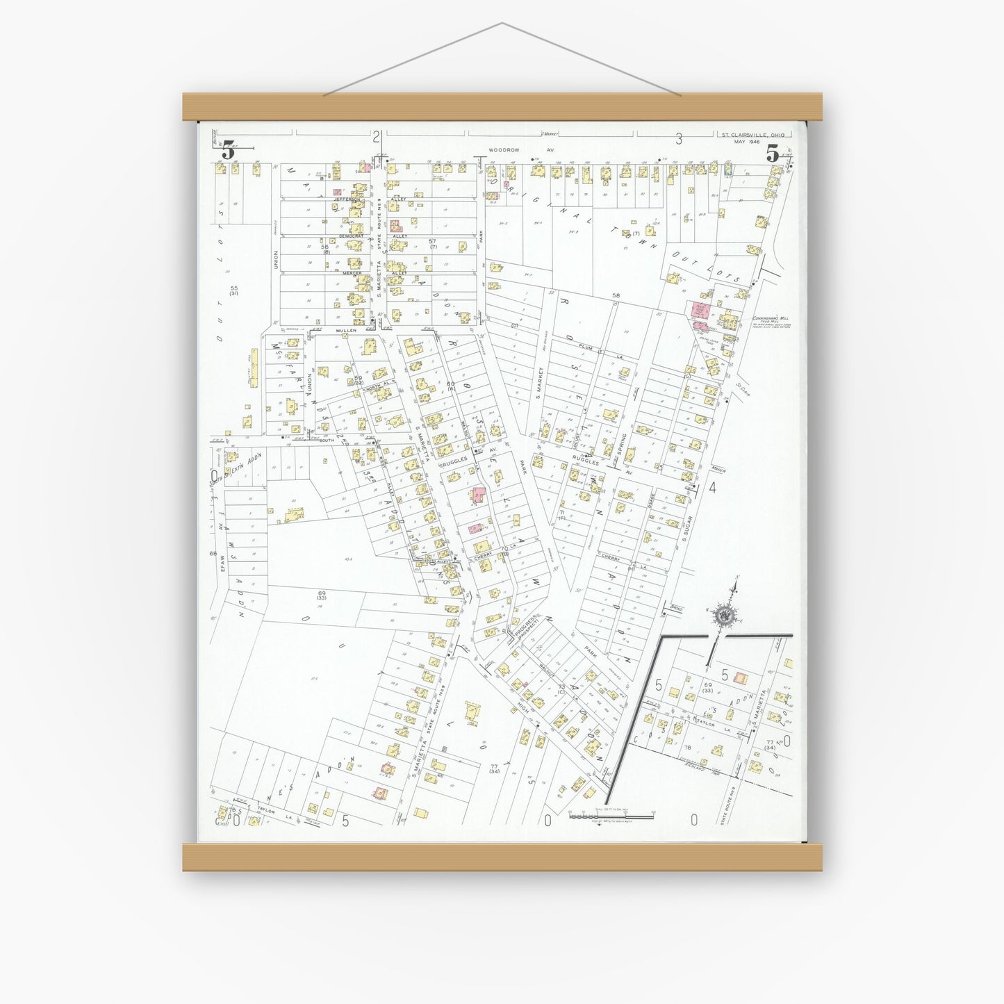 Old map wall art mockup — magnetic wood frame on white wall — Sanborn Fire Insurance Map from Saint Clairsville, Belmont County, Ohio (1946), Sheet #0005