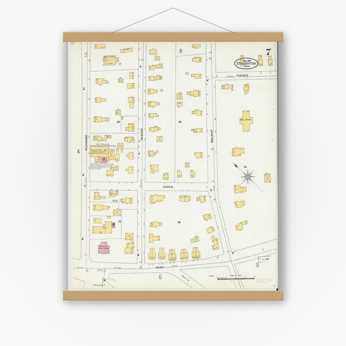 Old map wall art mockup — magnetic wood frame on white wall — Sanborn Fire Insurance Map from Stoughton, Norfolk County, Massachusetts (1906), Sheet #0007