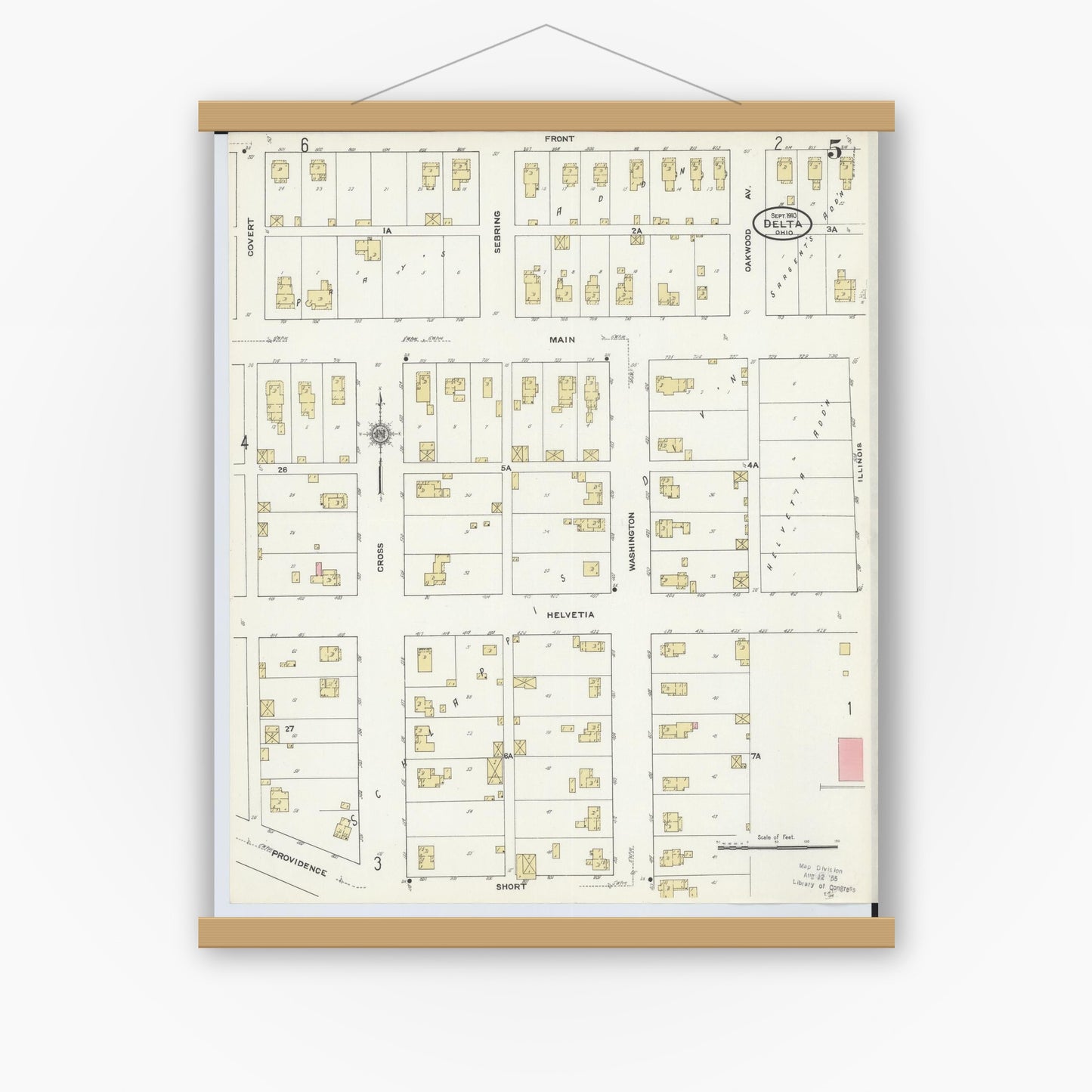 Old map wall art mockup — magnetic wood frame on white wall — Sanborn Fire Insurance Map from Delta, Fulton County, Ohio (1905), Sheet #0009
