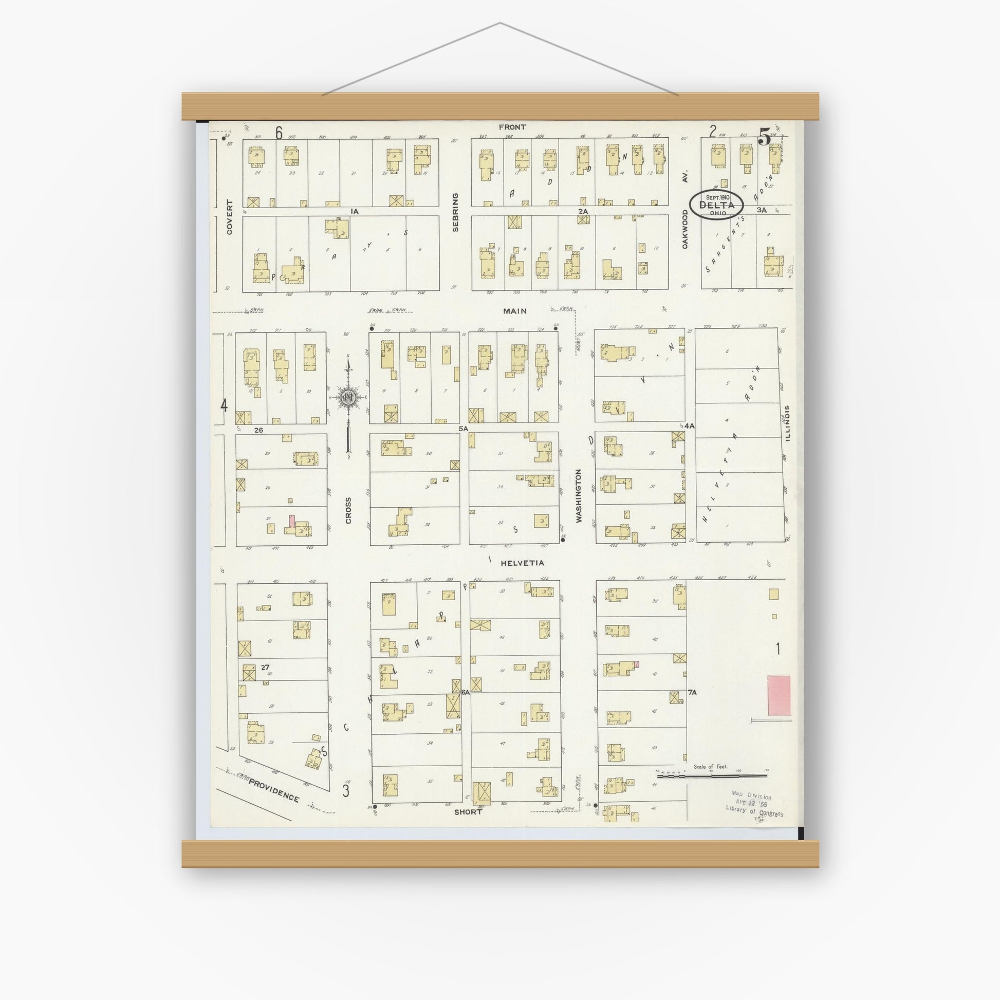 Old map wall art mockup — magnetic wood frame on white wall — Sanborn Fire Insurance Map from Delta, Fulton County, Ohio (1905), Sheet #0009