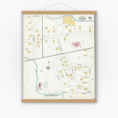 Old map wall art mockup — magnetic wood frame on white wall — Sanborn Fire Insurance Map from Braintree, Norfolk County, Massachusetts (1906), Sheet #0013