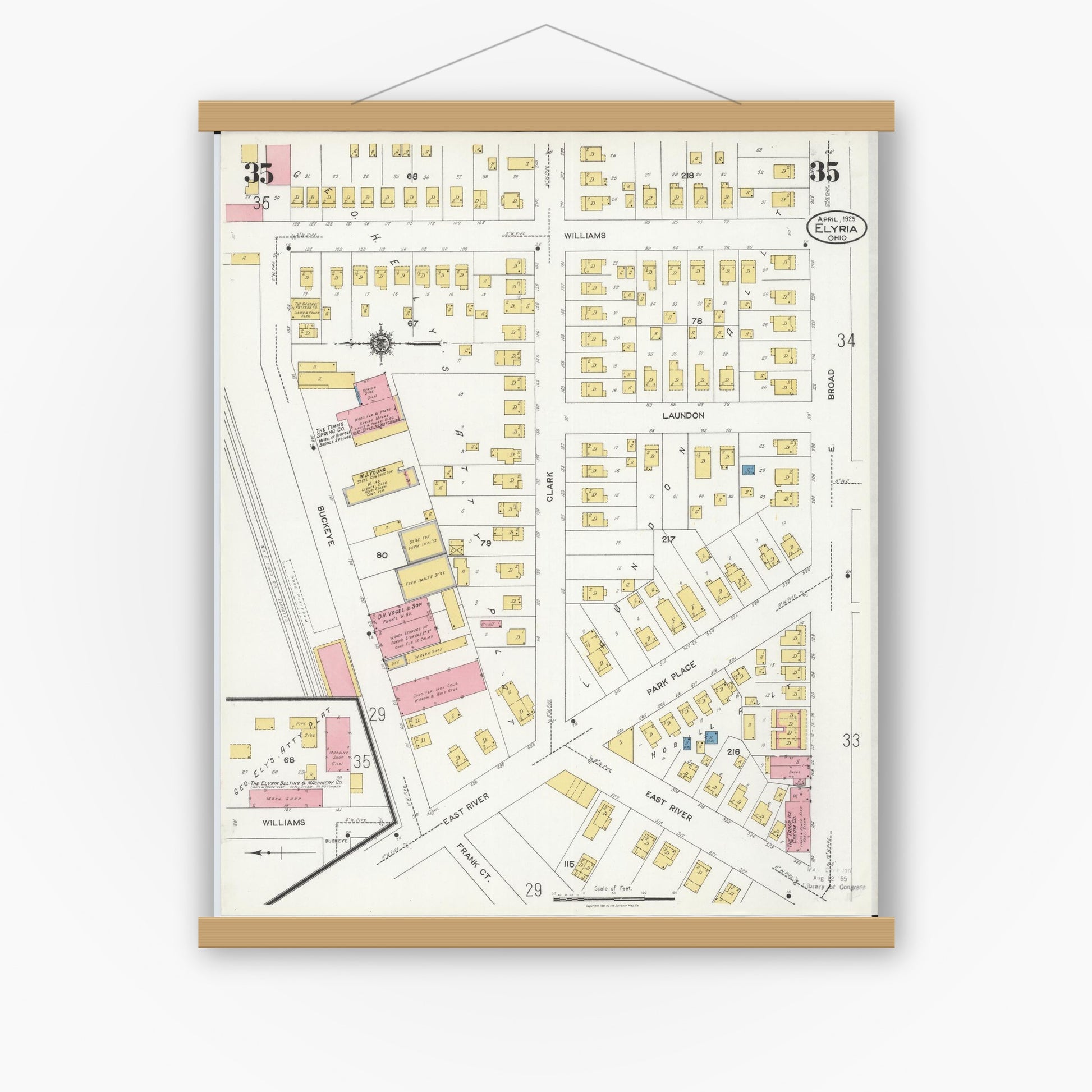 Old map wall art mockup — magnetic wood frame on white wall — Sanborn Fire Insurance Map from Elyria, Lorain County, Ohio (1925), Sheet #0035