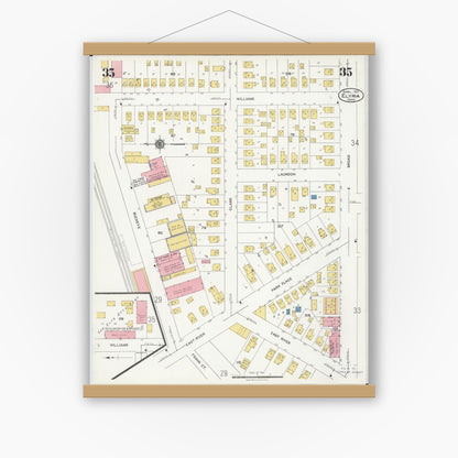 Old map wall art mockup — magnetic wood frame on white wall — Sanborn Fire Insurance Map from Elyria, Lorain County, Ohio (1925), Sheet #0035