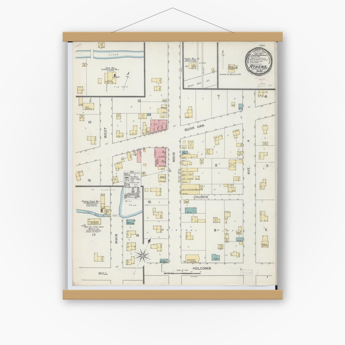 Old map wall art mockup — magnetic wood frame on white wall — Sanborn Fire Insurance Map from Athens, Calhoun County, Michigan (1892), Sheet #0001