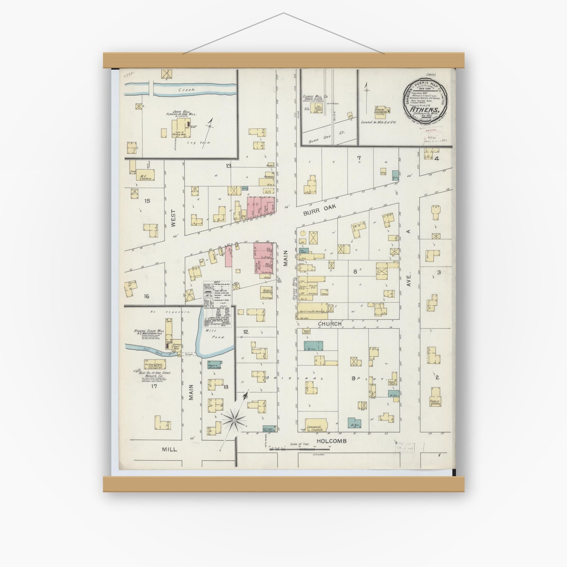 Old map wall art mockup — magnetic wood frame on white wall — Sanborn Fire Insurance Map from Athens, Calhoun County, Michigan (1892), Sheet #0001