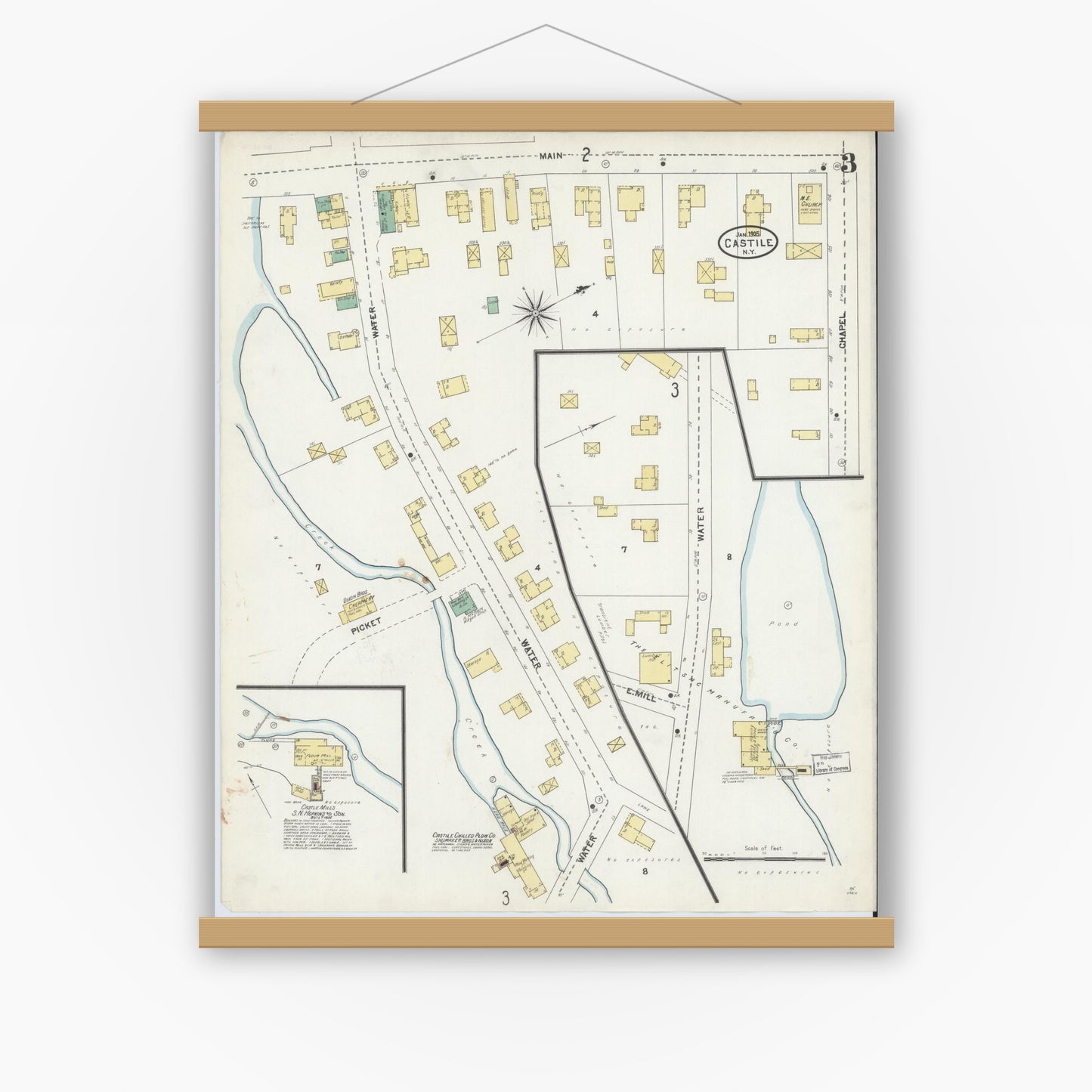 Old map wall art mockup — magnetic wood frame on white wall — Sanborn Fire Insurance Map from Castile, Wyoming County, New York (1905), Sheet #0003