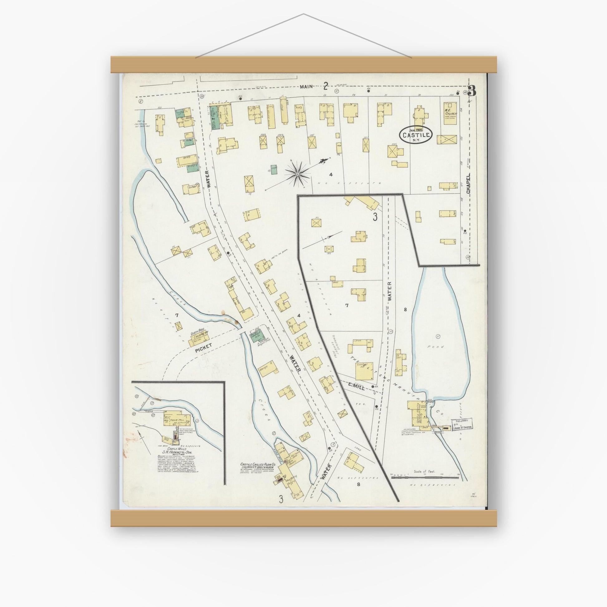 Old map wall art mockup — magnetic wood frame on white wall — Sanborn Fire Insurance Map from Castile, Wyoming County, New York (1905), Sheet #0003
