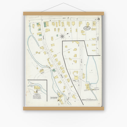Old map wall art mockup — magnetic wood frame on white wall — Sanborn Fire Insurance Map from Castile, Wyoming County, New York (1905), Sheet #0003