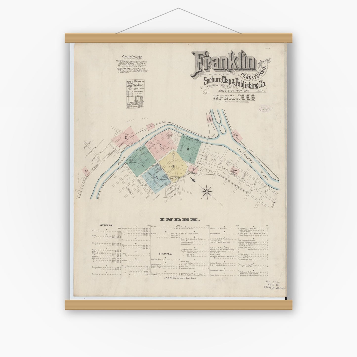 Old map wall art mockup — magnetic wood frame on white wall — Sanborn Fire Insurance Map from Franklin, Venango County, Pennsylvania (1888) - Complete Map Set