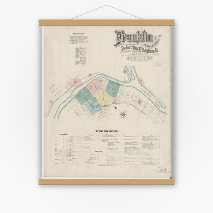 Old map wall art mockup — magnetic wood frame on white wall — Sanborn Fire Insurance Map from Franklin, Venango County, Pennsylvania (1888) - Complete Map Set