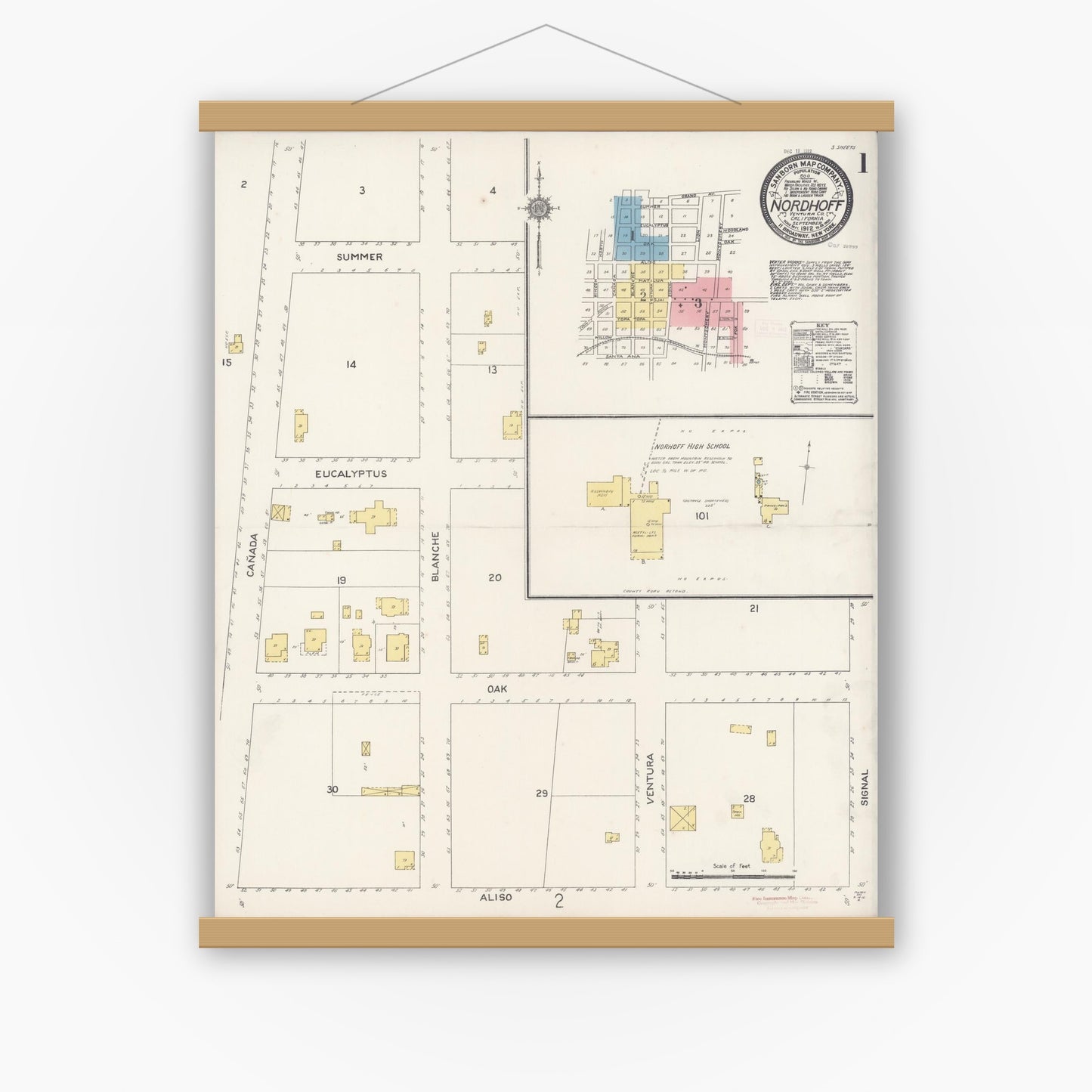 Old map wall art mockup — magnetic wood frame on white wall — Sanborn Fire Insurance Map from Nordhoff, Ventura County, California (1912) - Complete Map Set