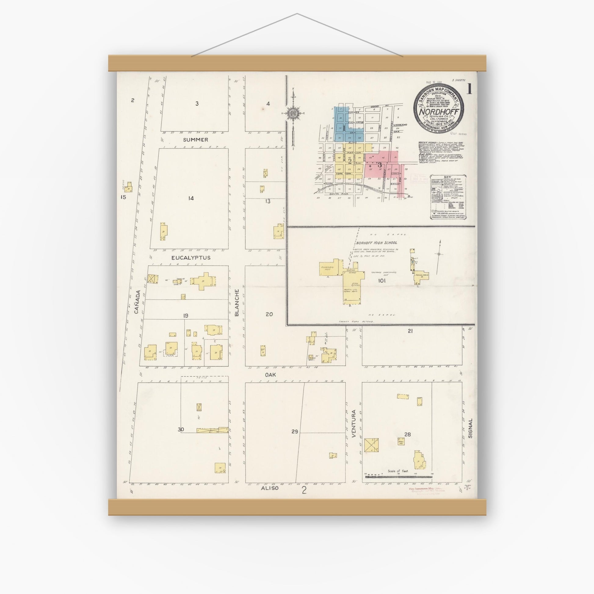 Old map wall art mockup — magnetic wood frame on white wall — Sanborn Fire Insurance Map from Nordhoff, Ventura County, California (1912) - Complete Map Set