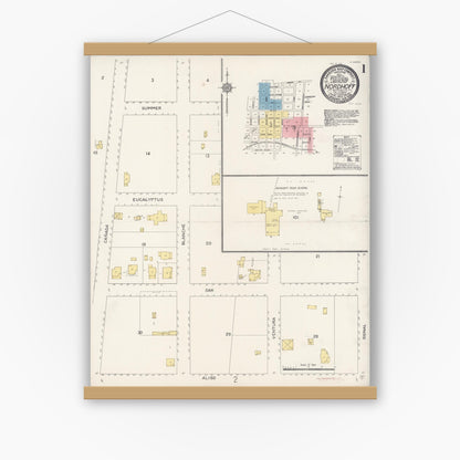 Old map wall art mockup — magnetic wood frame on white wall — Sanborn Fire Insurance Map from Nordhoff, Ventura County, California (1912) - Complete Map Set