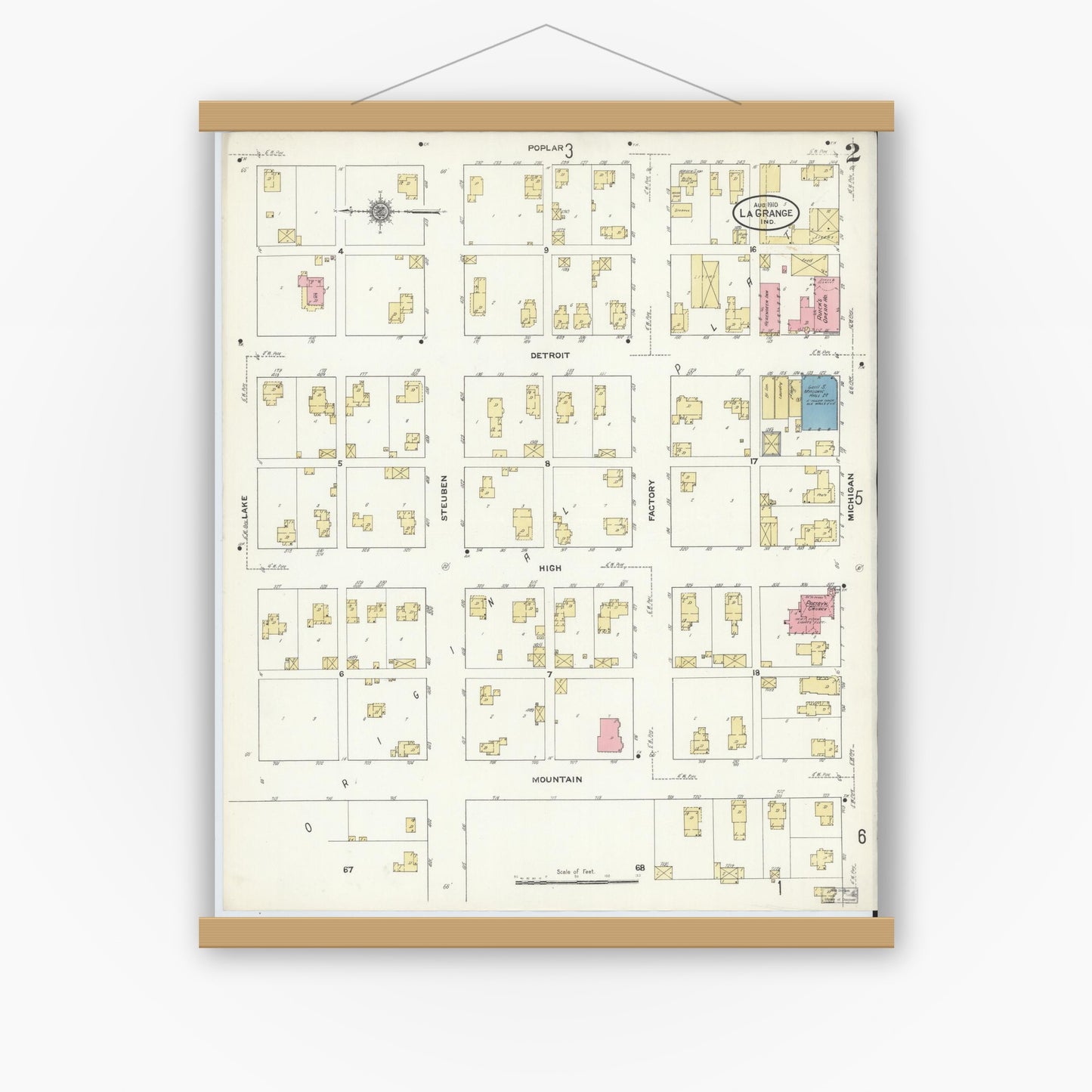 Old map wall art mockup — magnetic wood frame on white wall — Sanborn Fire Insurance Map from Lagrange, LaGrange County, Indiana (1910), Sheet #0002