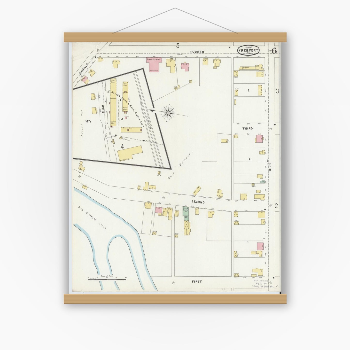 Old map wall art mockup — magnetic wood frame on white wall — Sanborn Fire Insurance Map from Freeport, Armstrong County, Pennsylvania (1897), Sheet #0006