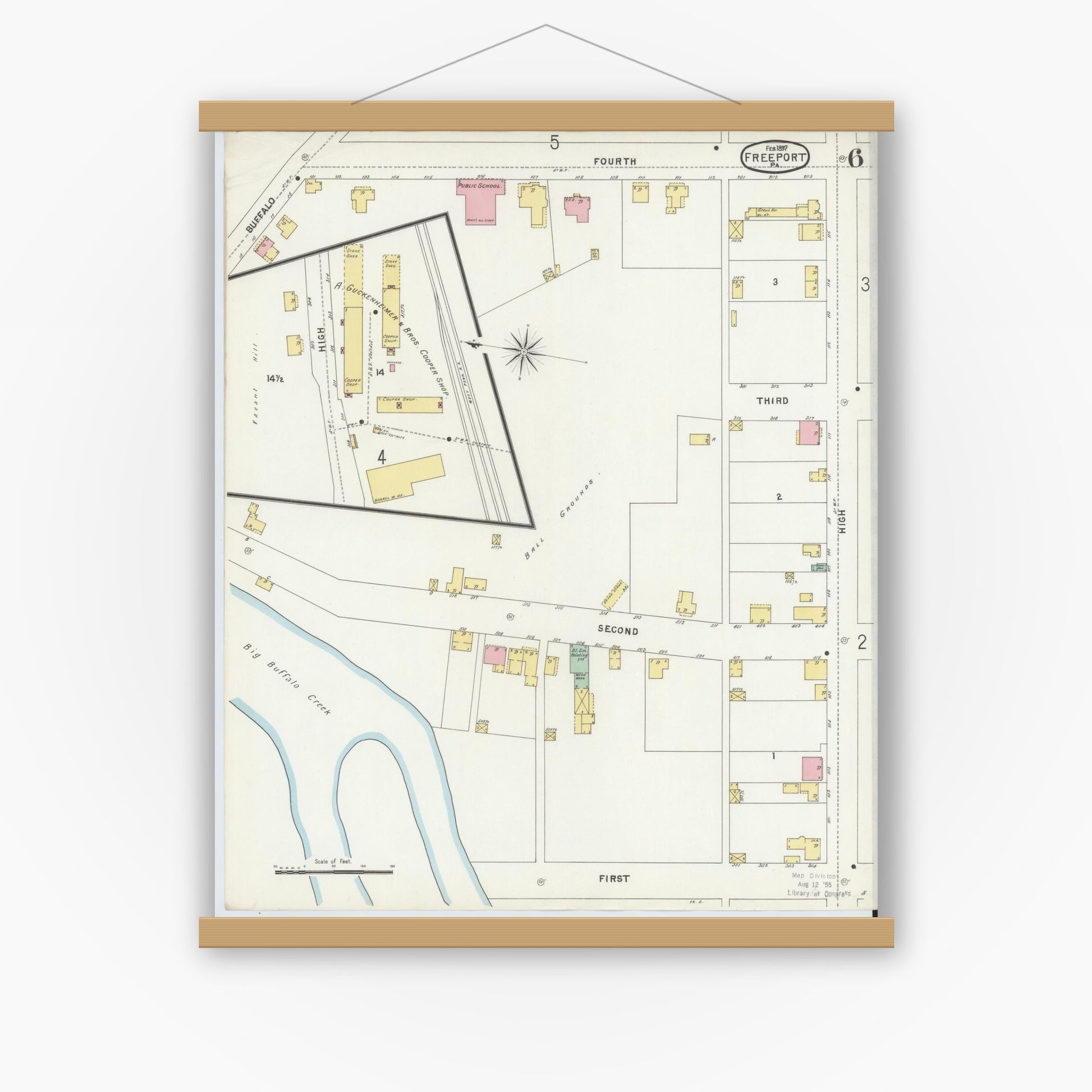Old map wall art mockup — magnetic wood frame on white wall — Sanborn Fire Insurance Map from Freeport, Armstrong County, Pennsylvania (1897), Sheet #0006