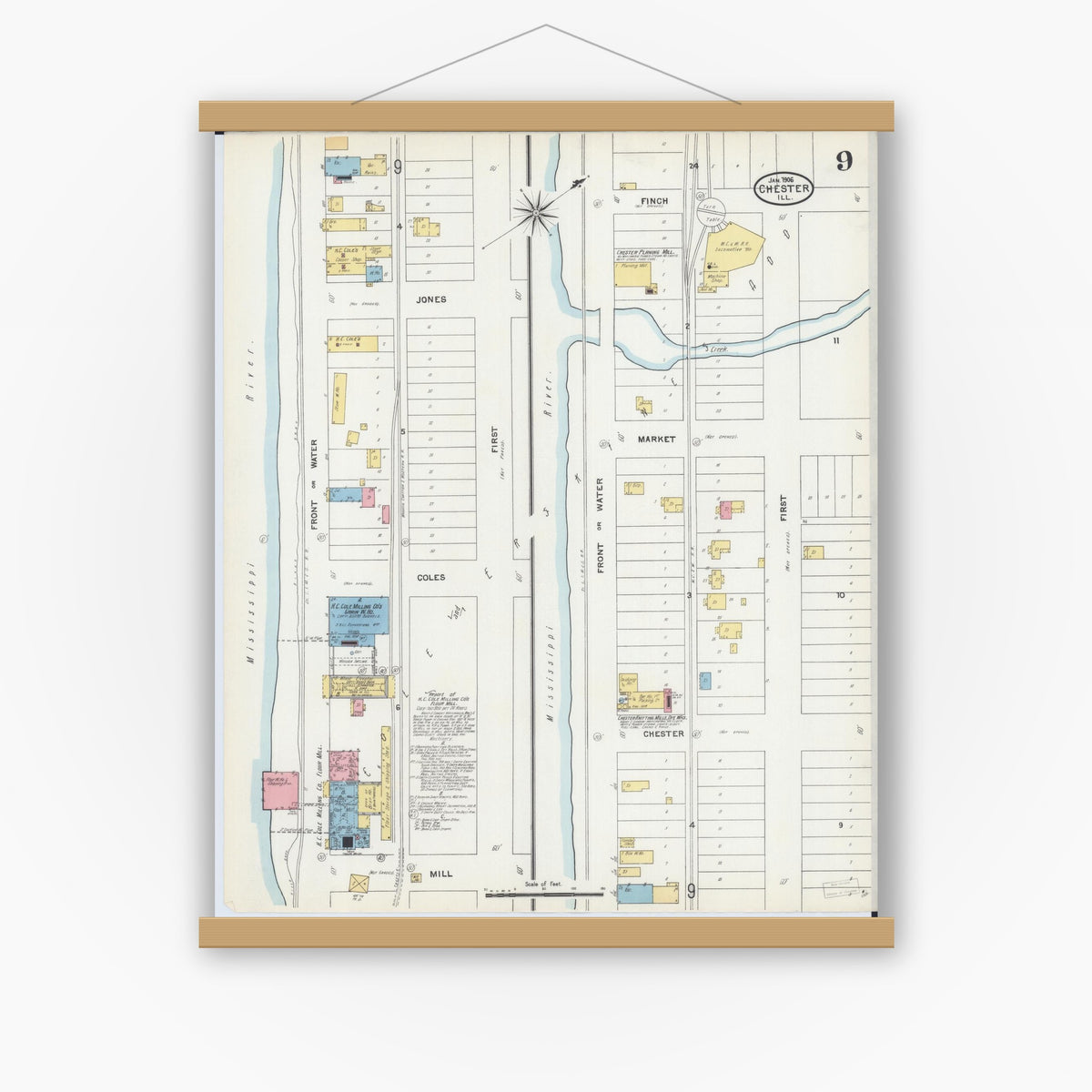 Old map wall art mockup — magnetic wood frame on white wall — Sanborn Fire Insurance Map from Chester, Randolph County, Illinois (1906), Sheet #0009