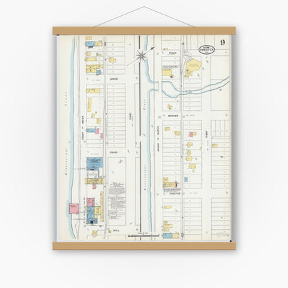 Old map wall art mockup — magnetic wood frame on white wall — Sanborn Fire Insurance Map from Chester, Randolph County, Illinois (1906), Sheet #0009