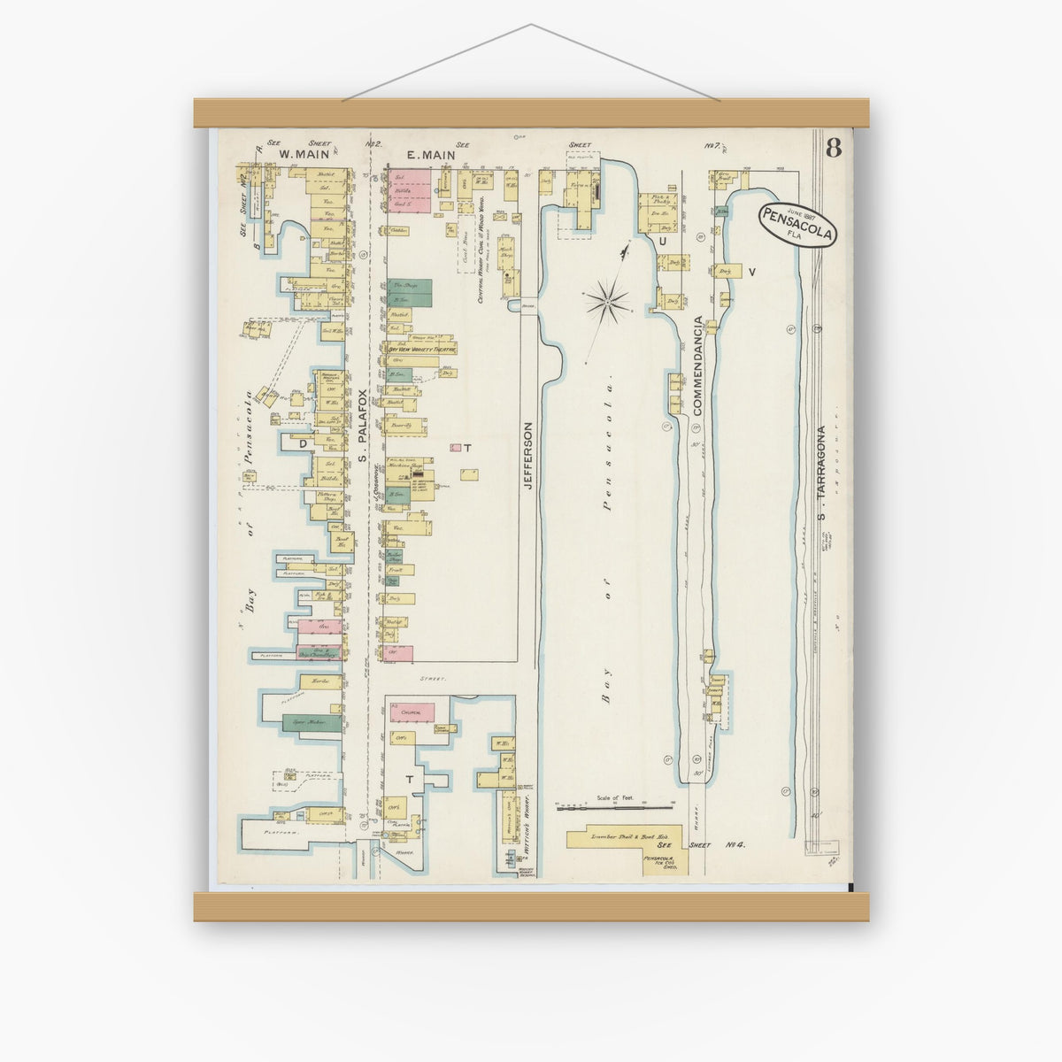 Old map wall art mockup — magnetic wood frame on white wall — Sanborn Fire Insurance Map from Pensacola, Escambia County, Florida (1887), Sheet #0008