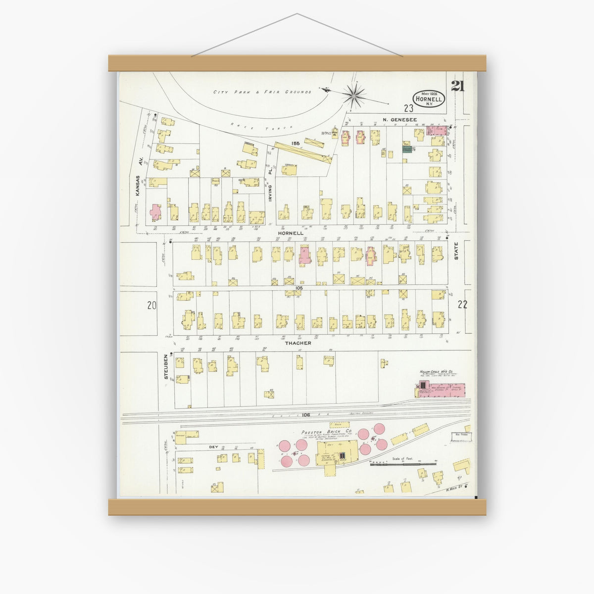 Old map wall art mockup — magnetic wood frame on white wall — Sanborn Fire Insurance Map from Hornell, Steuben County, New York (1909), Sheet #0021