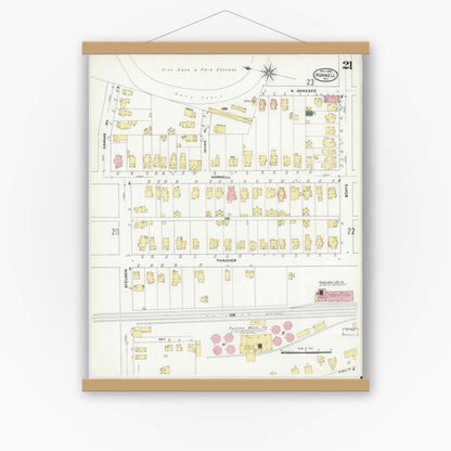 Old map wall art mockup — magnetic wood frame on white wall — Sanborn Fire Insurance Map from Hornell, Steuben County, New York (1909), Sheet #0021