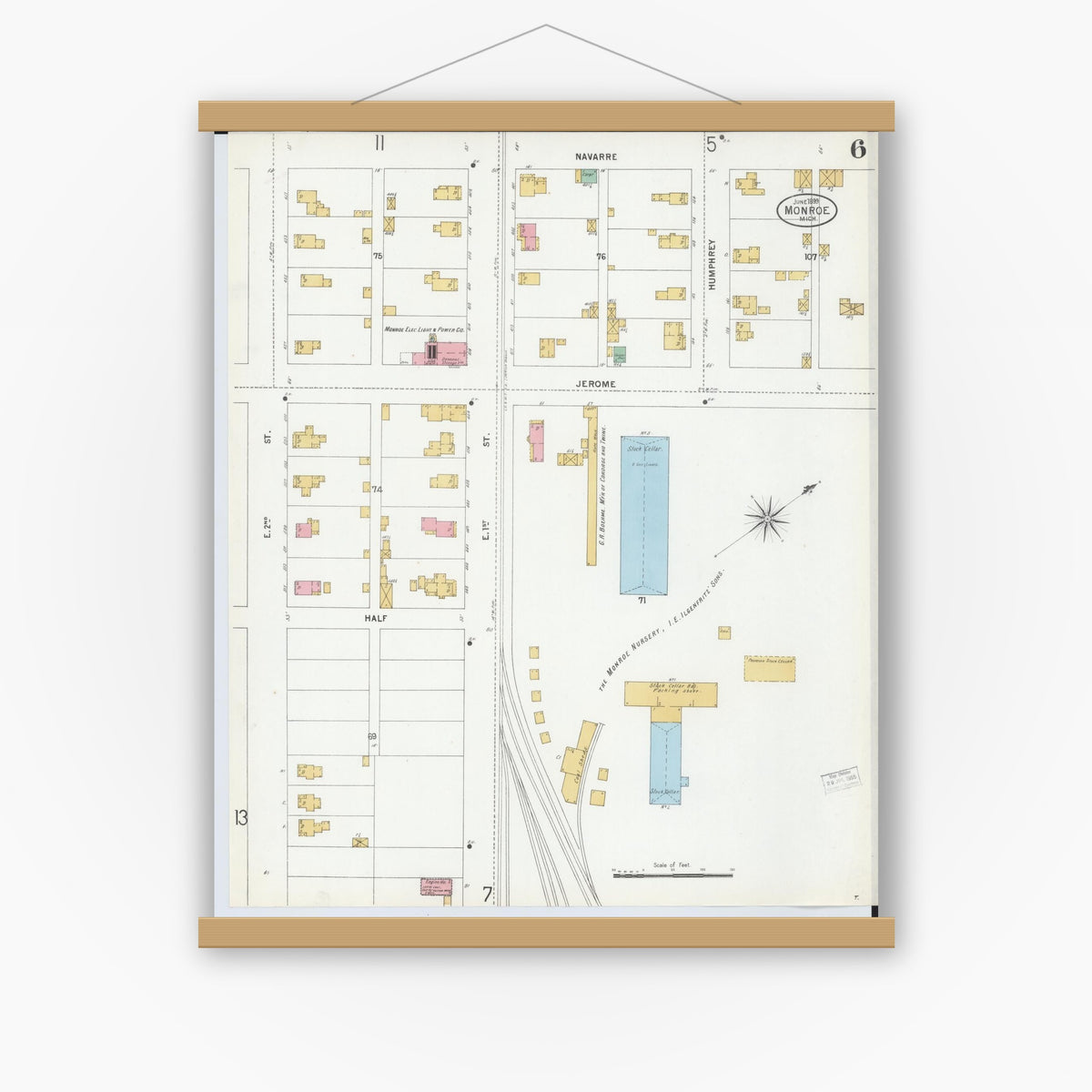 Old map wall art mockup — magnetic wood frame on white wall — Sanborn Fire Insurance Map from Monroe, Monroe County, Michigan (1899), Sheet #0006
