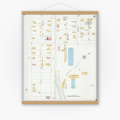 Old map wall art mockup — magnetic wood frame on white wall — Sanborn Fire Insurance Map from Monroe, Monroe County, Michigan (1899), Sheet #0006
