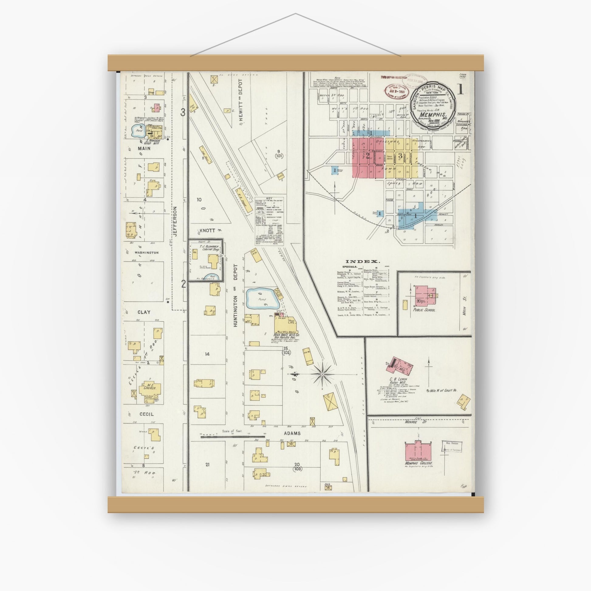 Old map wall art mockup — magnetic wood frame on white wall — Sanborn Fire Insurance Map from Memphis, Scotland County, Missouri (1898) - Complete Map Set