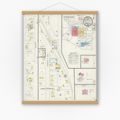 Old map wall art mockup — magnetic wood frame on white wall — Sanborn Fire Insurance Map from Memphis, Scotland County, Missouri (1898) - Complete Map Set