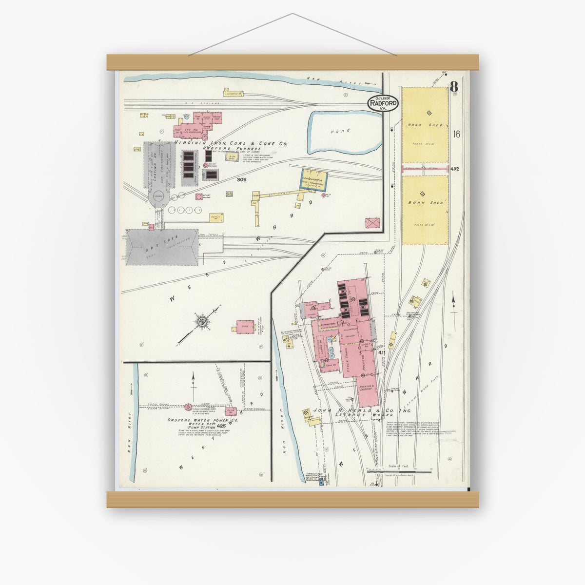 Old map wall art mockup — magnetic wood frame on white wall — Sanborn Fire Insurance Map from Radford, Independent Cities, Virginia (1920), Sheet #0008
