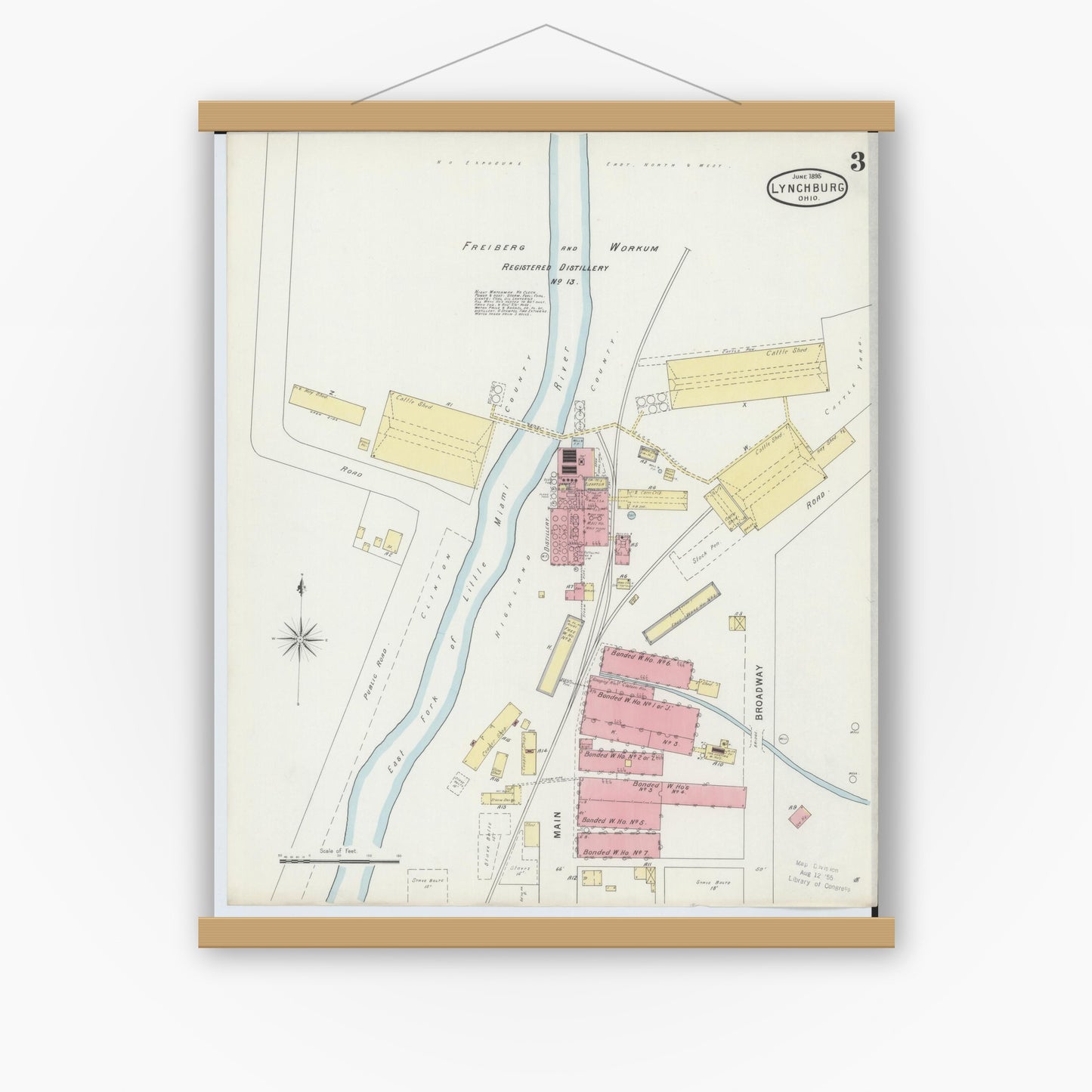 Old map wall art mockup — magnetic wood frame on white wall — Sanborn Fire Insurance Map from Lynchburg, Highland County, Ohio (1895), Sheet #0003