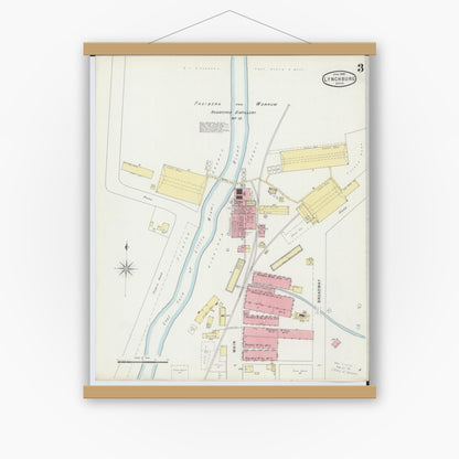 Old map wall art mockup — magnetic wood frame on white wall — Sanborn Fire Insurance Map from Lynchburg, Highland County, Ohio (1895), Sheet #0003