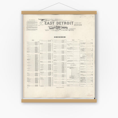 Old map wall art mockup — magnetic wood frame on white wall — Sanborn Fire Insurance Map from East Detroit, Macomb County, Michigan (1950), Sheet #0001